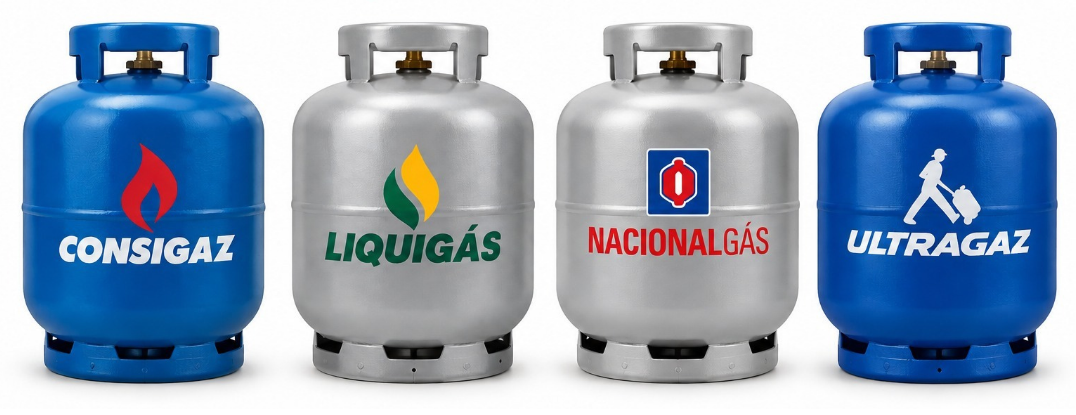 Botijões P13 das marcas Consigaz, Liquigás, Nacional Gás e Ultragaz
